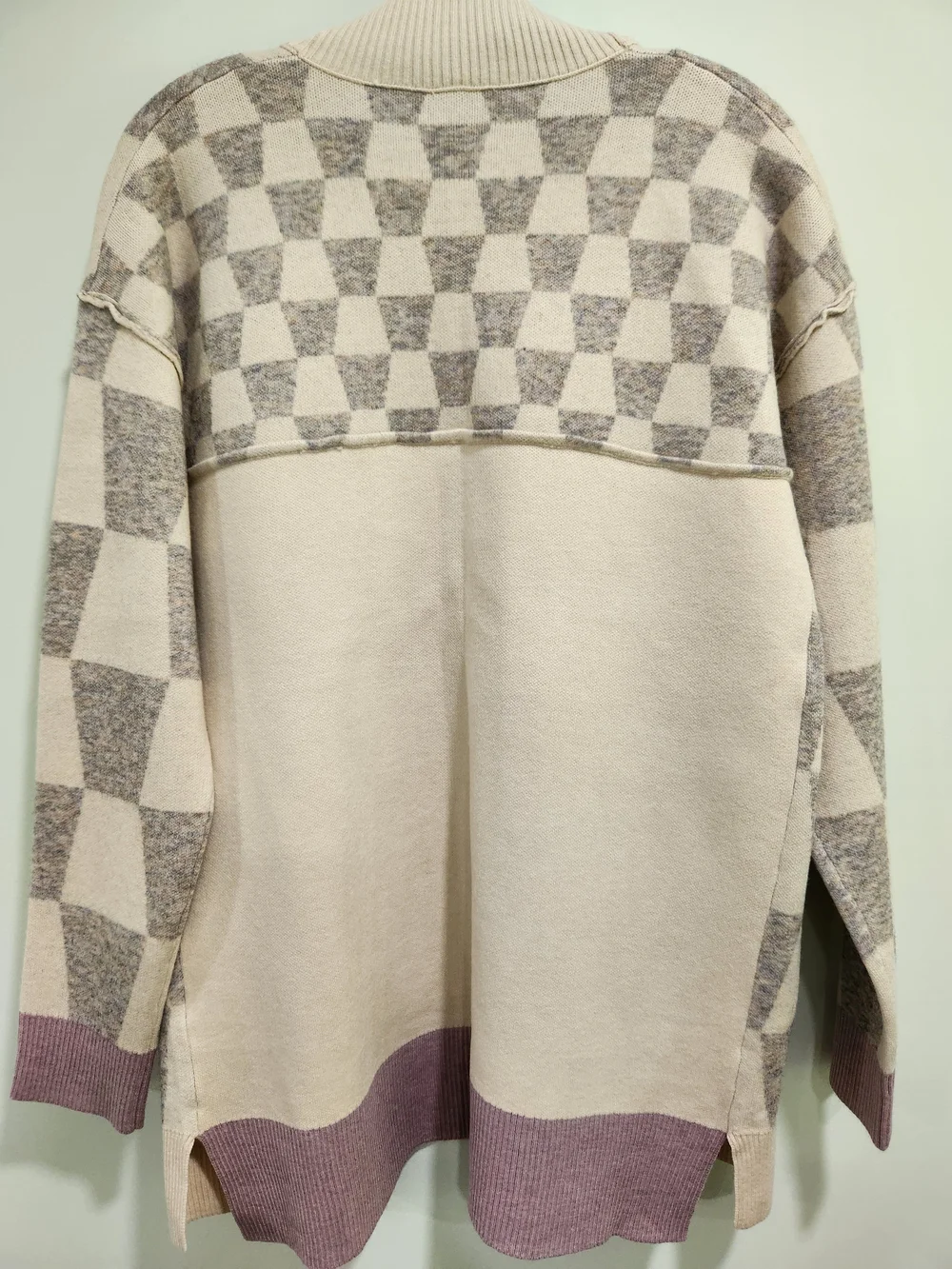 Checked Open Front Cardigan Sweater - Beige & Gray